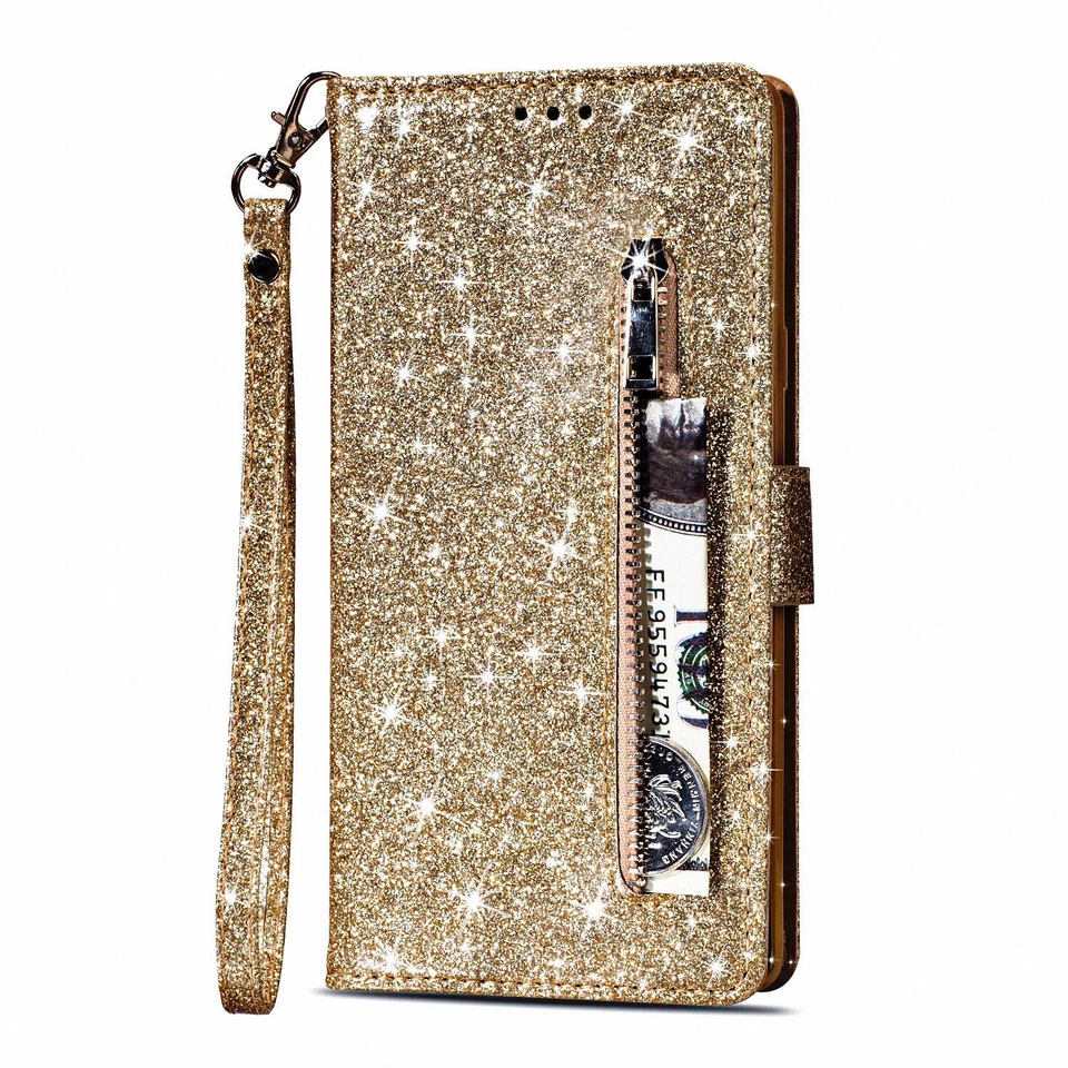 Funda tipo billetera abatible de cuero brillante para Samsung Galaxy S25 S24 S23 S22 S21 S20 FE Foto 3 de 4