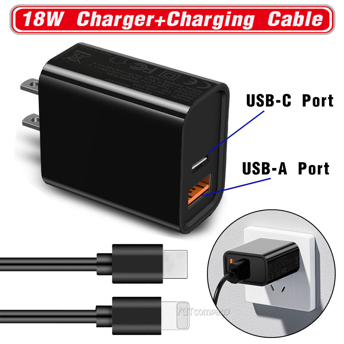 18W Fast Charger USB Type C Wall Power Adapter+Cable For iphone 14 13 12  iPad