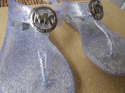 Size: 6M Infant/Baby MICHAEL KORS Silver Thong Jelly Sandals Glitter Detail Logo - Picture 4 of 9