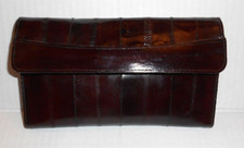 EEL SKIN Brown Leather Tri-Fold Removable Checkbook Card ID Coin Clutch Wallet