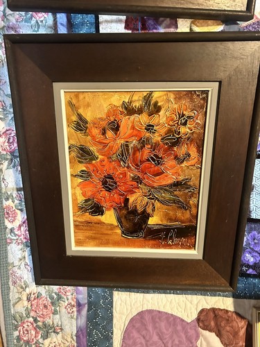 2 Original German Acrylic Textured Paintings Flowers In Vases Signed By Artist - Picture 3 of 8