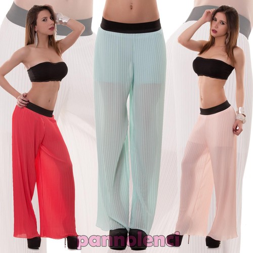 Pantaloni donna larghi plissettati palazzo velati leggeri nuovi CC-857 |  eBay