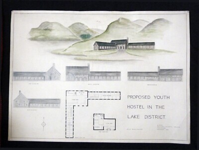 ORIGINAL ARCHITEKTURZEICHNUNG 1946 Jugendherberge Seenplatte 76 x 56 cm