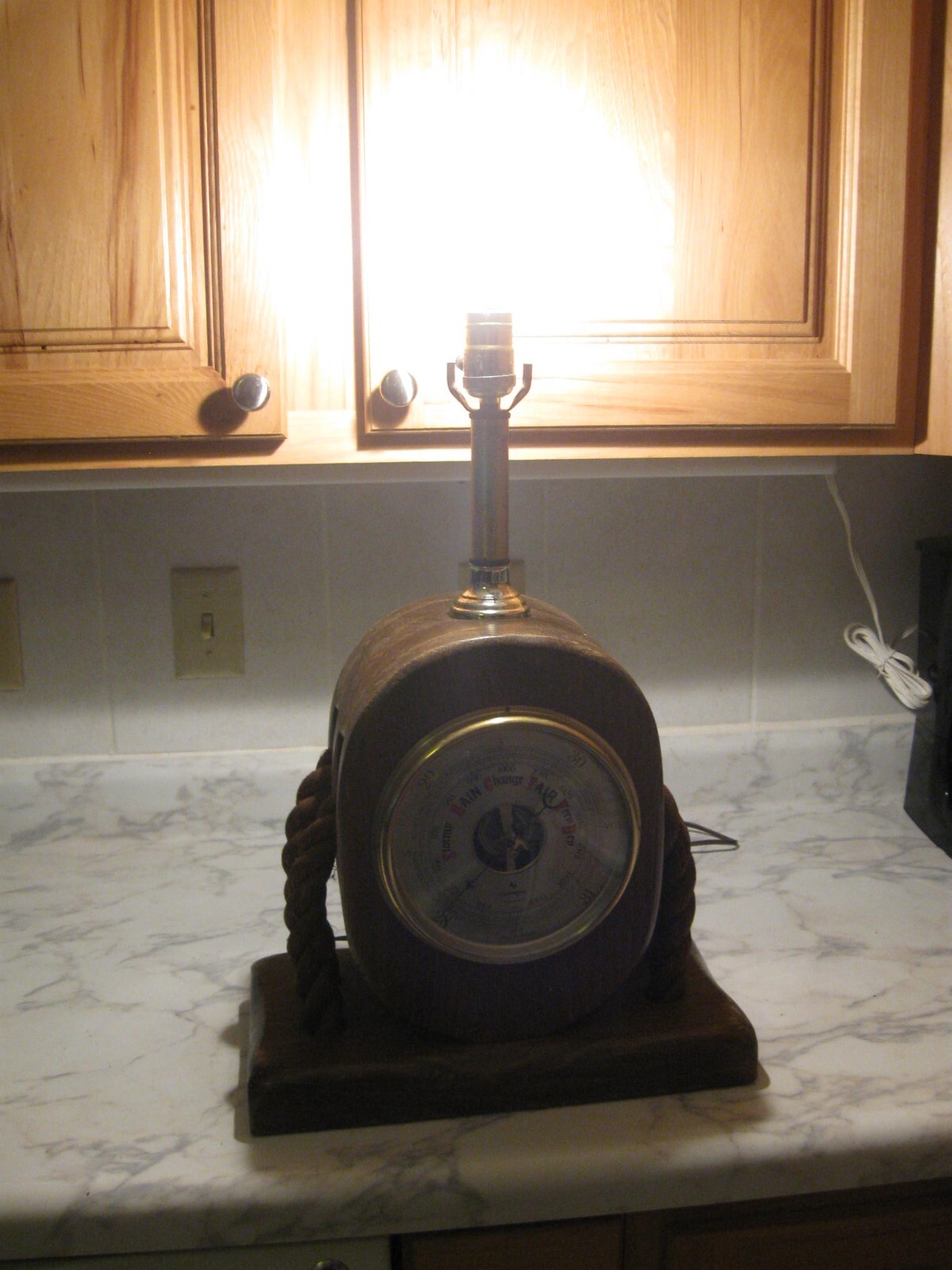 Old Vtg CARRINGTON Nautical Table Lamp With Barometer Rope Block & Tackle
