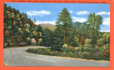 Chimney Tops from Loop-Over Great Smoky Mountains Nat'l Park Red Border Postcard