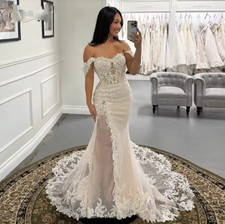Exquisite Off the Shoulder Wedding Dress for Bride Mermaid Lace Appliques Slit
