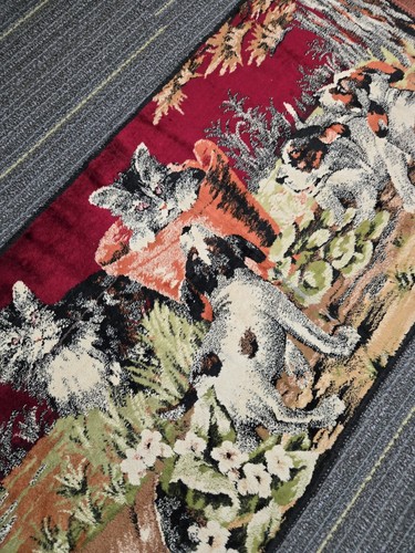 Vintage Tapestry Rug Puppies Playing With Cats Wall Hanging 20" x 38" See Photo - Picture 16 of 17