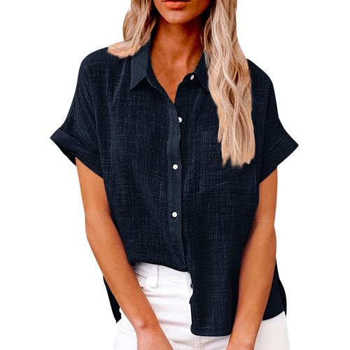 Women's Bamboo Linen Cotton Shirt Short Sleeve Casual Lapel Button Shirt Tops - Picture 37 of 63