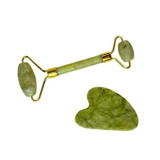 Jade Roller & Gua Sha Facial Massage Set Green Stone Anti-Aging Skincare Tool