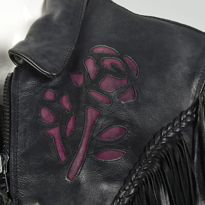 Small 1980s Biker Jacket Black Leather Fringe Purple Rose Small 1980s Biker Jacket Black Leather Fringe Purple Rose