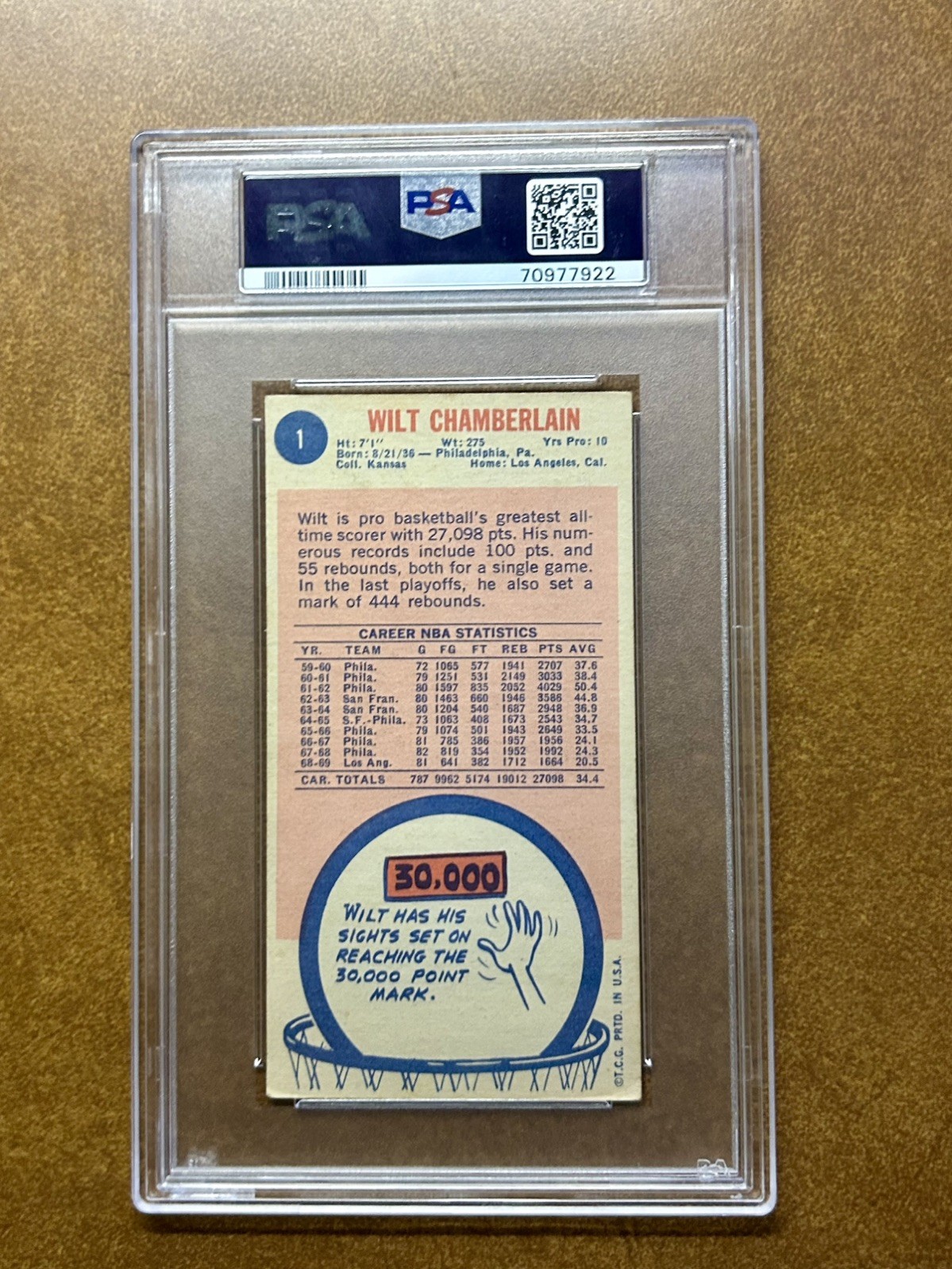 1969 Topps Wilt Chamberlain #1 Los Angeles Lakers PSA 3 VG (B75) view 2