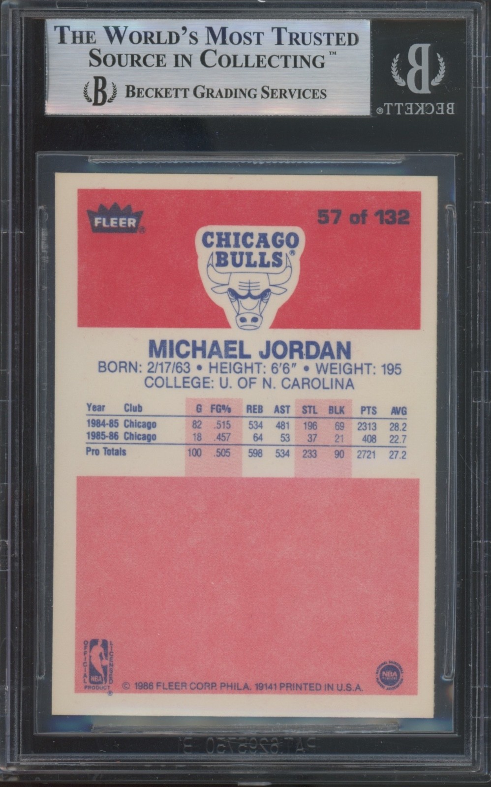 1986 Fleer Basketball #57 Michael Jordan RC Rookie Mint BGS 9 view 2
