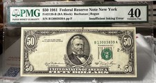 PMG EF40 1981 50 Fifty Dollar Federal Reserve New York Insufficient Inking Error