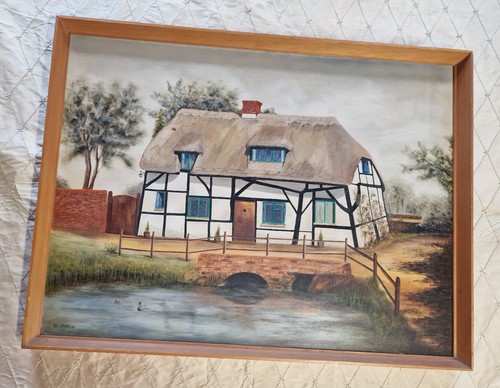 Vintage Signed D. Prior Oil Painting Thatched Cottage & Duck Pond, Framed (photo 8)