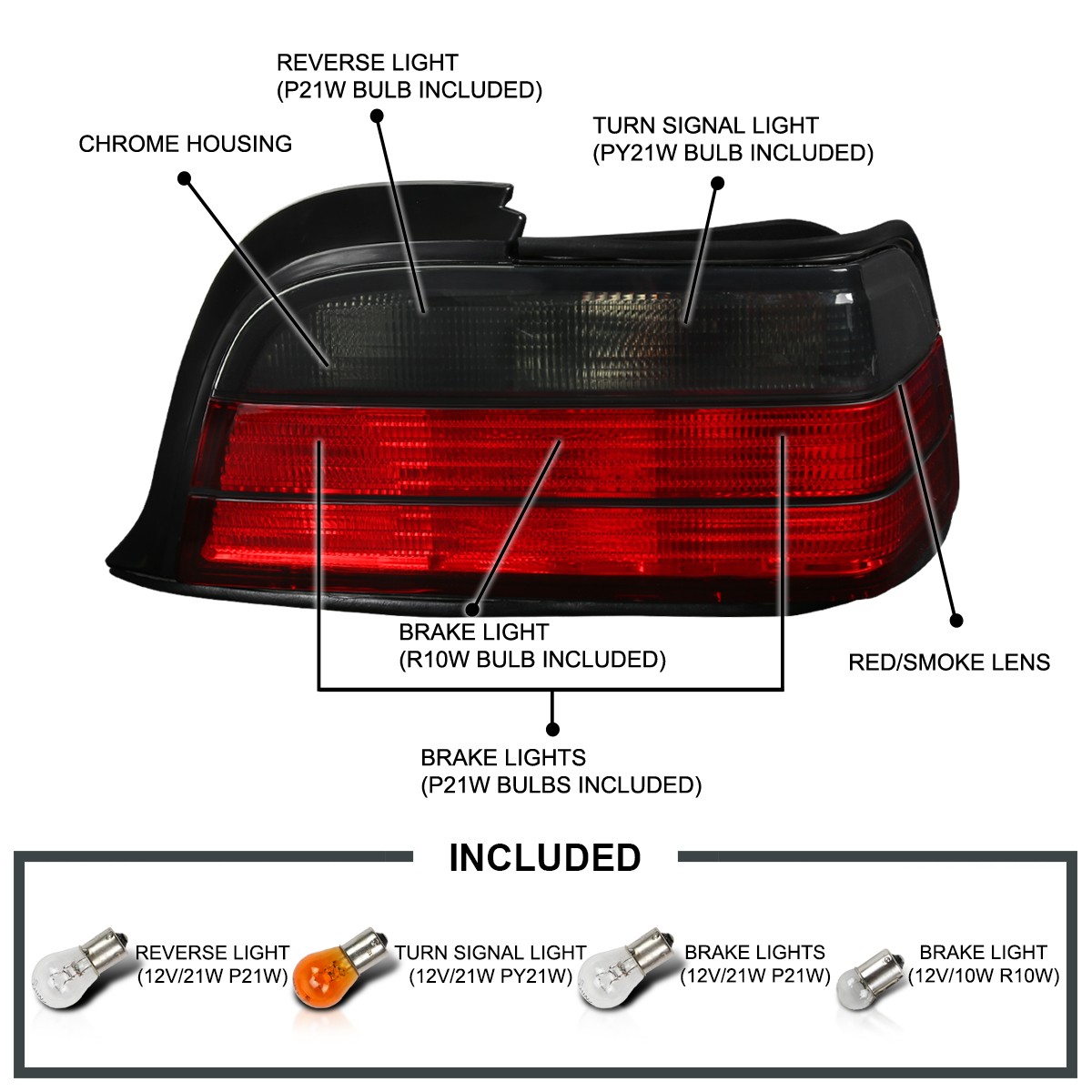 Red/Smoke Fits 1992-1998 BMW E36 3 Series 2Dr Coupe Tail Lights