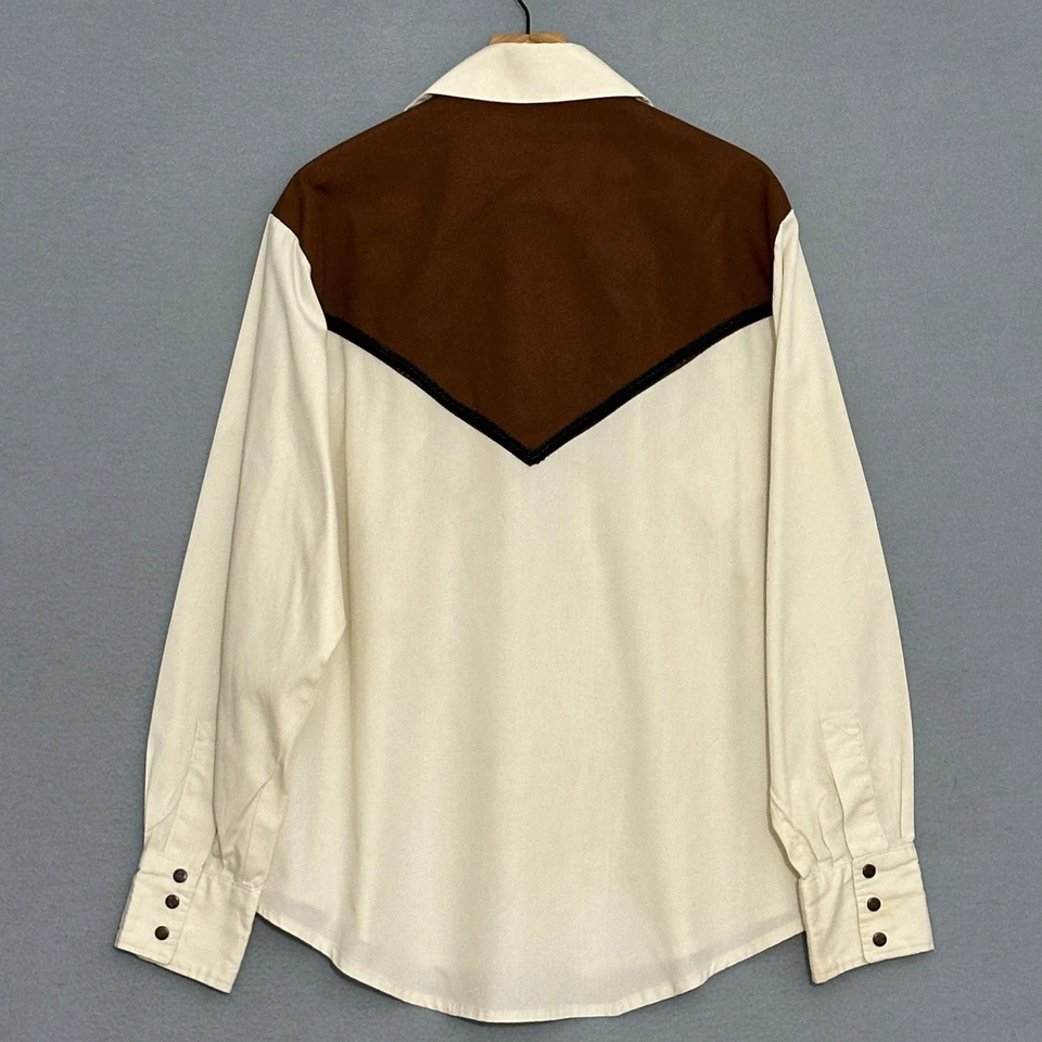 Vintage 70s Mens Western Shirt L Long Sleeve Brown Cream Snap Cowboy Rockabilly - Image 4 of 4