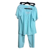 Kelly Reed Vintage Pale Blue Nylon Pajama Set Women s Embroidered Sz Large