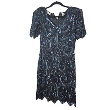 Vintage Laurence Kazar M Silk Fully Beaded Sequin Dress Glam Cocktail Formal