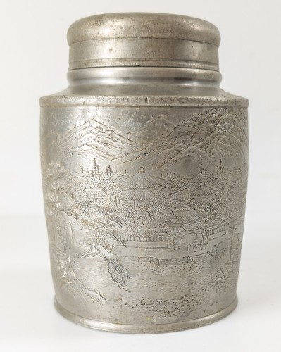 Antique Chinese Engraved Pewter Tea Caddy Covered Jar Landscape Calligraphy - Picture 3 of 19