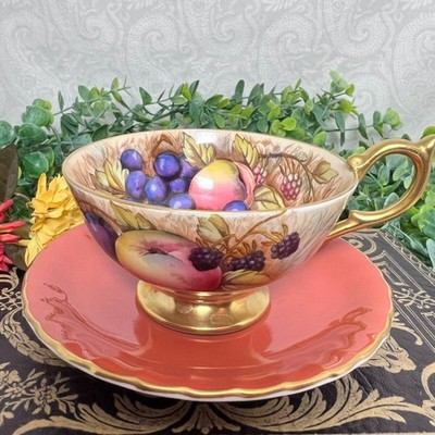 Aynsley England Tea Cup Saucer Burnt Orange Gold Orchard Fruit Berries Signed