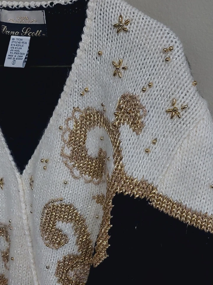 Women's 1980s 90s Puffy Sleeve Embellished Sweater Black White Gold S 38x24  - Image 2 of 4
