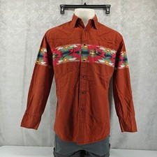 VTG Rustler by Wrangler Shirt Mens Medium Aztec Print Pearl Snap Western Cowboy