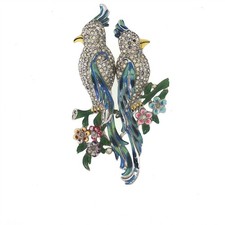VINTAGE CORO CALOPSITTA BIRDS DUETTE CONVERTIBLE BROOCH ENAMEL SILVER TONE