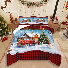 Christmas Comforter Set Queen Size,Red Truck and Winter Snow View Bedding Set...