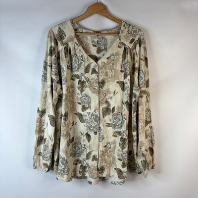 The Muses Lounge Button Front Top Womens 3X Beige Floral Long Sleeve