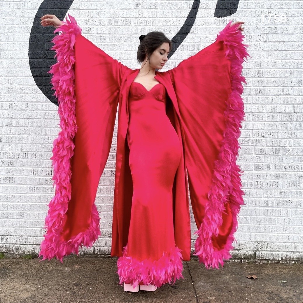 ジャケット・アウター ANAY GOWN COAT ACTRESS COLLAR PINKIVORY VTG 1960's Hot Pink Satin Feathered Angel Wing Coat & Gown Set