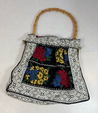 Vintage Floral Tapestry Hand Bag Purse Bamboo Handle Brass Clasp