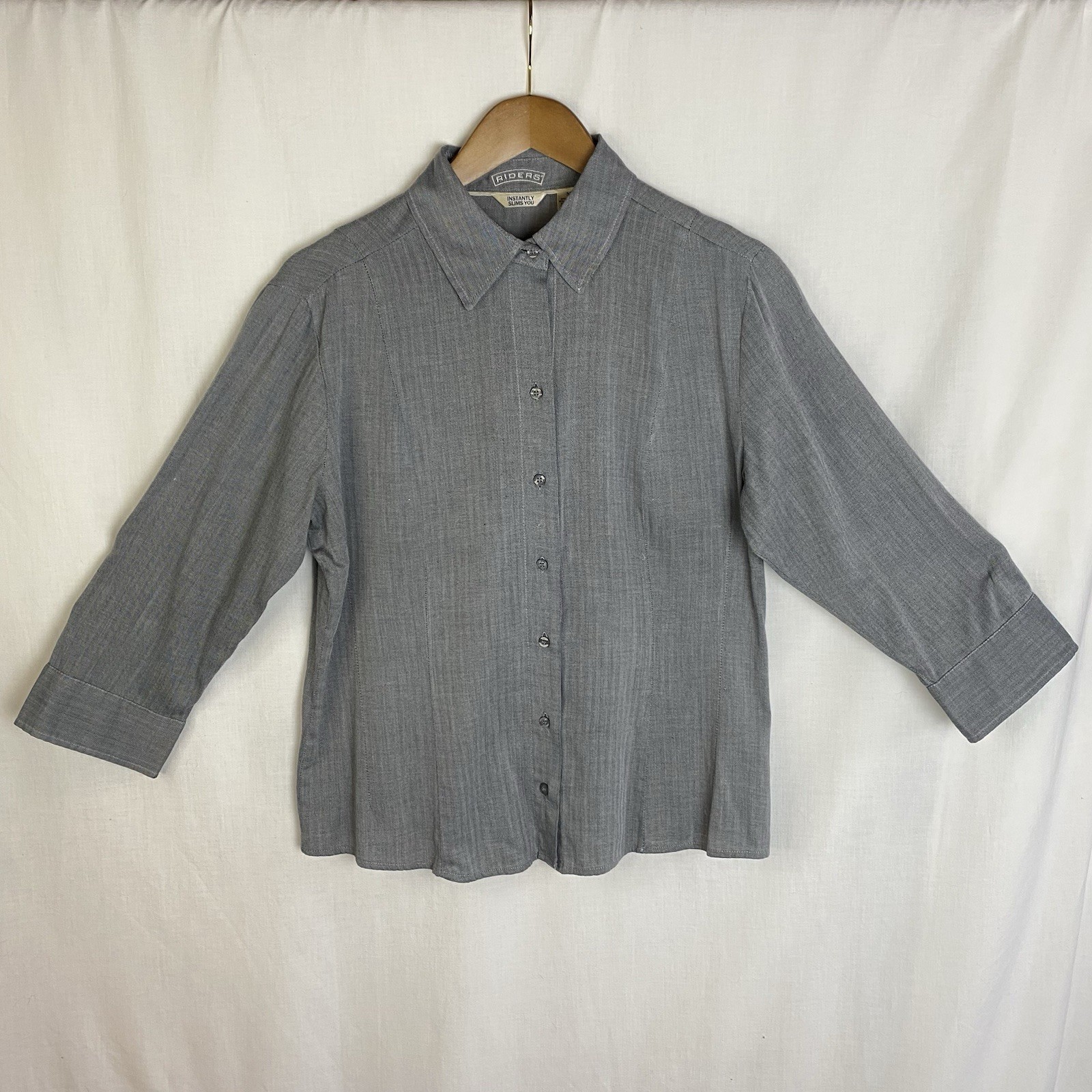 Riders by Lee Gray Collared Button Up Shirt Tailored Blouse Stretch 3/4 Sleeve M