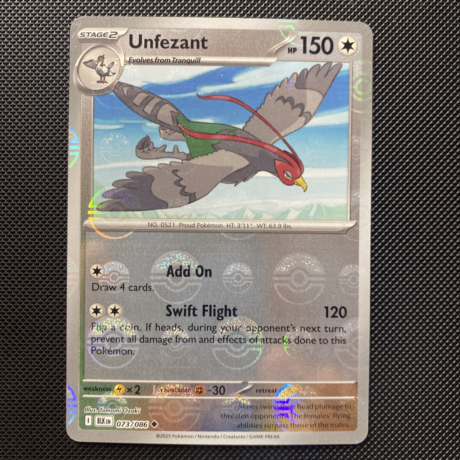 Pokemon Unfezant 073/086 Pokeball Pattern Reverse Holo - Black Bolt TCG NM/H