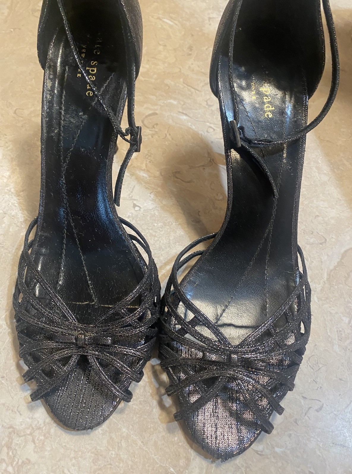 Kate Spade Metallic Black Strappy Ankle-Heel Sandals With Woven Details