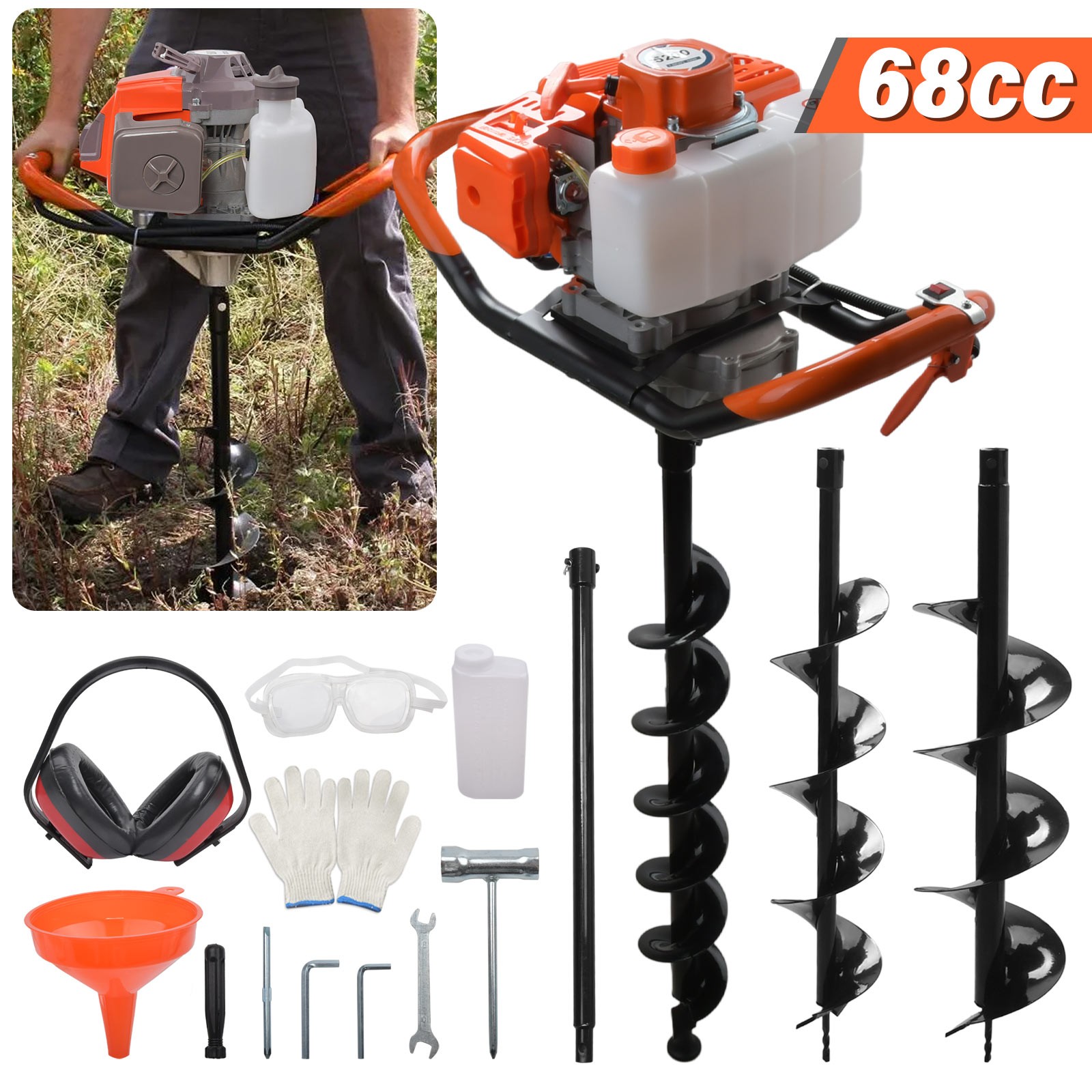 52CC 68CC 72CC Petrol Earth Auger Fence Post Hole Borer +3 Auger Bits +Extension