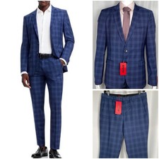 Hugo Boss 2 Pc Suit 42R Jacket 32R Waist Pant Blue Plaid Wool XSlim Fit NEW NWT