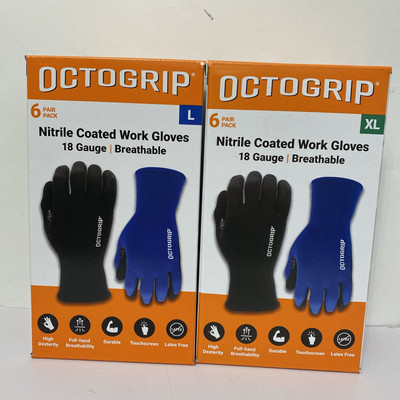 Octogrip Nitrile Coated Work Gloves, 18 Gauge, Breathable, 6 Pairs SIZE XL/L NIB
