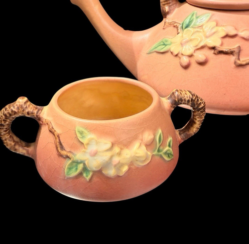ROSEVILLE Pottery Dogwood Pink and Brown Tea Pot Creamer And Sugar Set of 3 - Picture 5 of 13