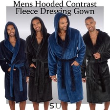 Mens Fleece Soft Hooded Dressing Gown Contrast Flannel Robe Adults Winter Lounge