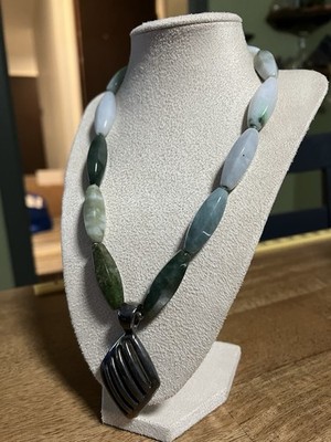 Simon Sebbag SSD 925 Sterling Silver Modernist Pendant Moss Snow Jade Necklace