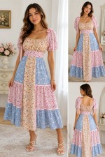 Yvonne & Love Floral Patchwork Midi Dress Small Cottagecore Coquette Tie Shoulde