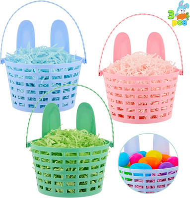 3 Pack Easter Plastic Baskets Bunny Ears Shredded Grass for Egg Hunt Gift