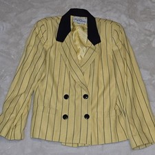 Vintage Oleg Cassini Yellow Pinstripe Blazer Size 10 Double Breasted 80s 90s