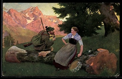 Postcard a hunter sitting on a tree trunk with a woman in a Bavarian Trac 