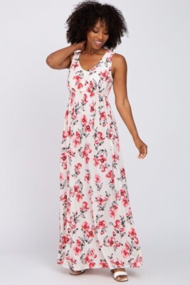 Pinkblush Tank Halter Midi Dress Small S White Pink Floral Empire Waist Stretch