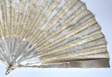 Antique French Lace Large Hand 26" Fan with Box Mother of Pearl