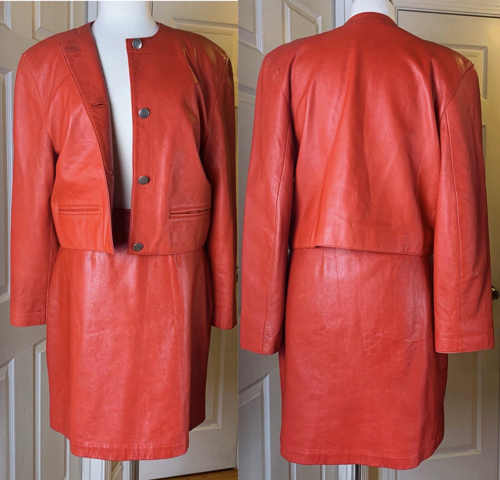 VINTAGE Red leather skirt suit set Large Gem