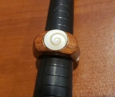 Coconut wood ring, brown, seashell inlay, size 7