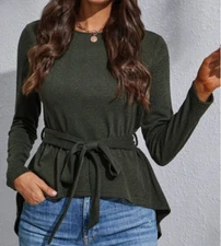 Shein Heart Textured Belted Tee  Army Green  Size 2 TOP LONG WOMAN