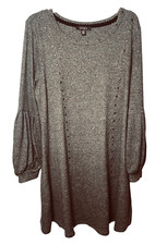 Spense Sweater Dress Womens XL Gray Long Lower Puffed Sleeves Silver Stud Trim